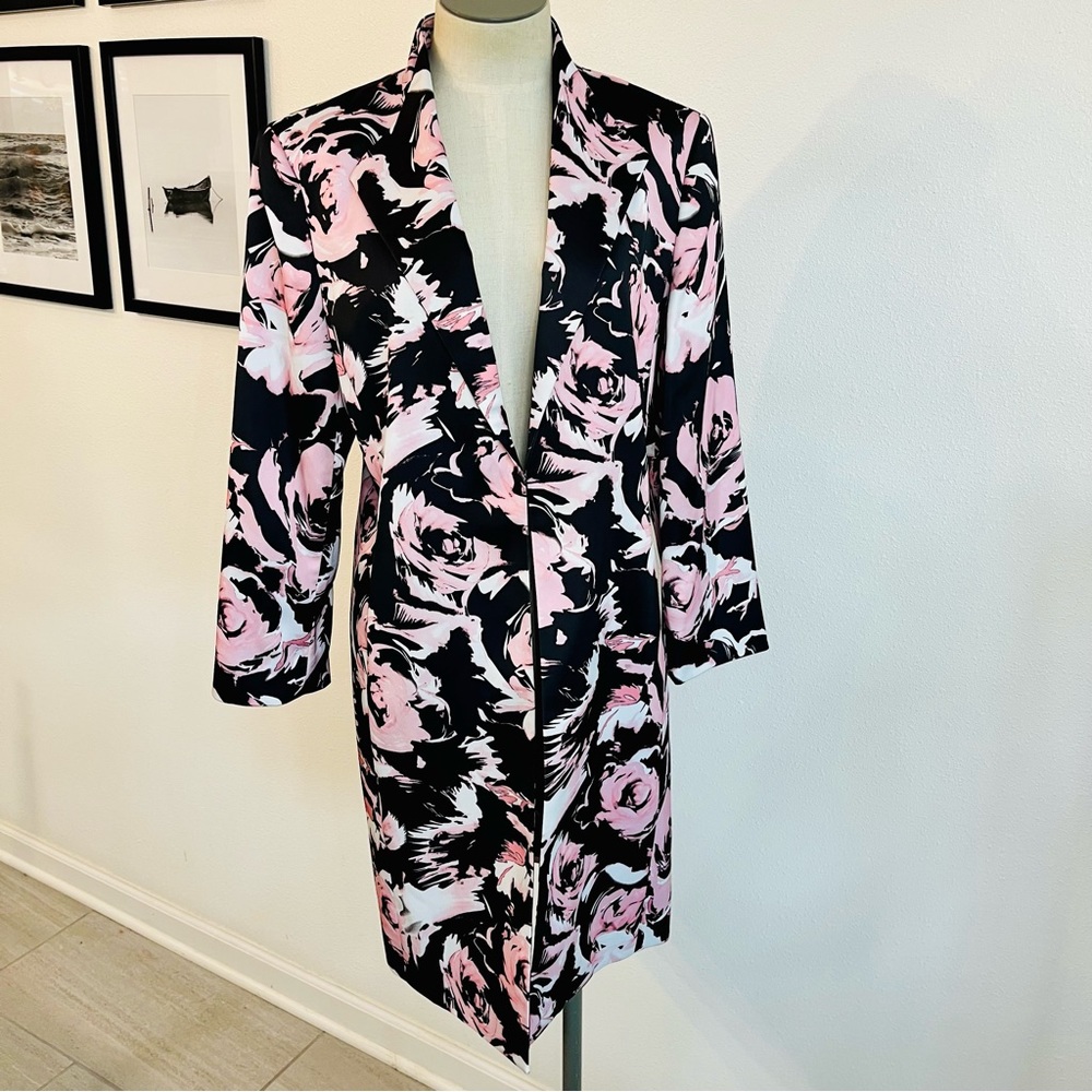 Kasper women’s 6 Black White Rose Floral Topper overcoat jacket topcoat spring